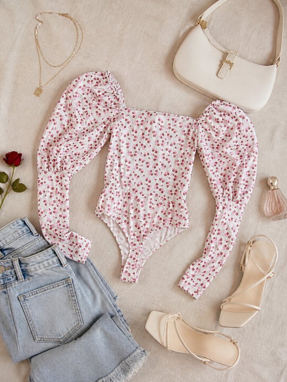 White Floral Puff-Sleeve Bodysuit